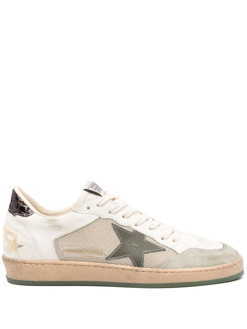 Golden Goose Ball Star Sneakers In Vintage Effect Leather With Olive Green Leather Star And Crocodile Effect Heel In White
