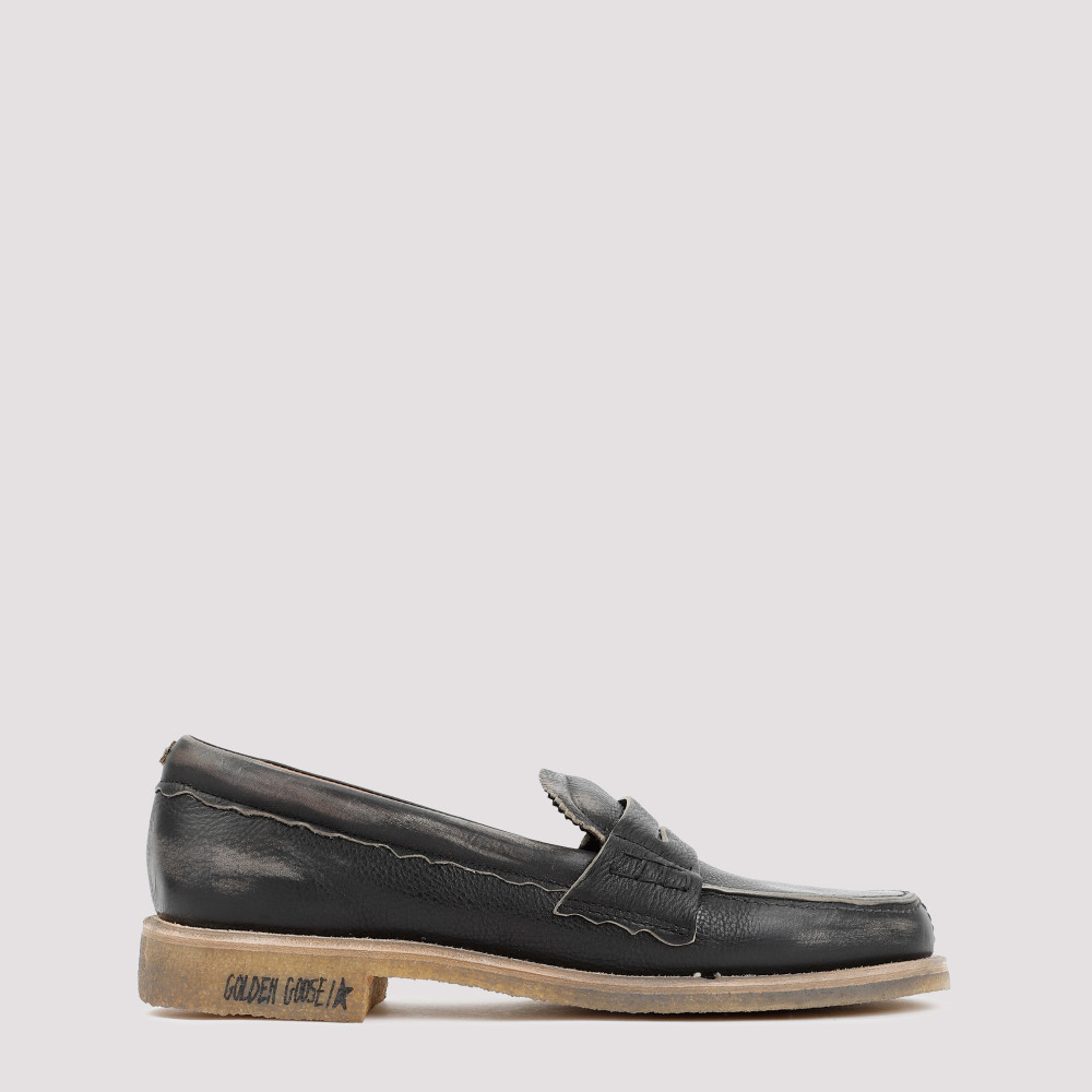 Golden Goose Black Leather Jerry Loafers With Distressed Finish In Black