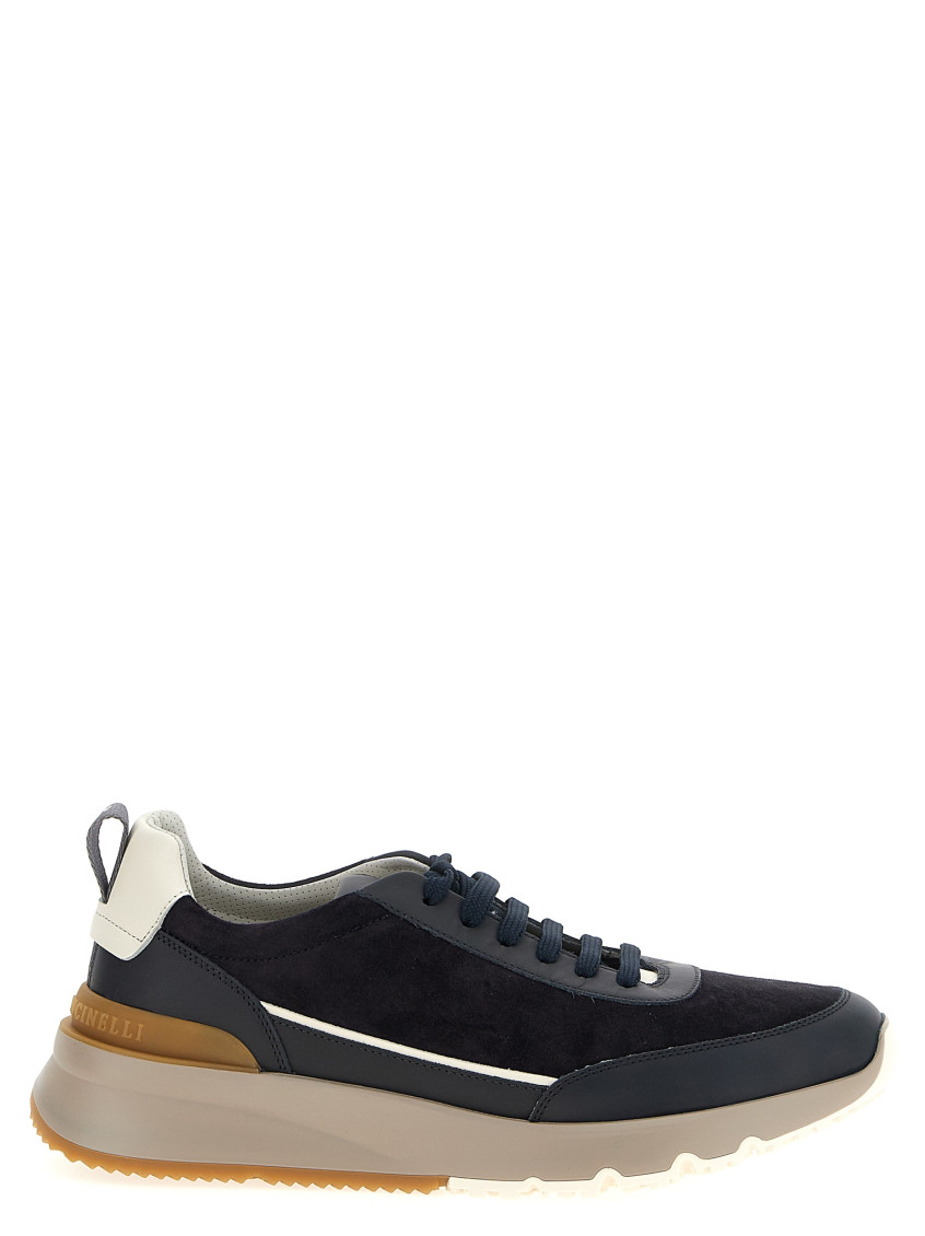Brunello Cucinelli Suede And Smooth Material Flat Shoes With Contrasting Sole In Black