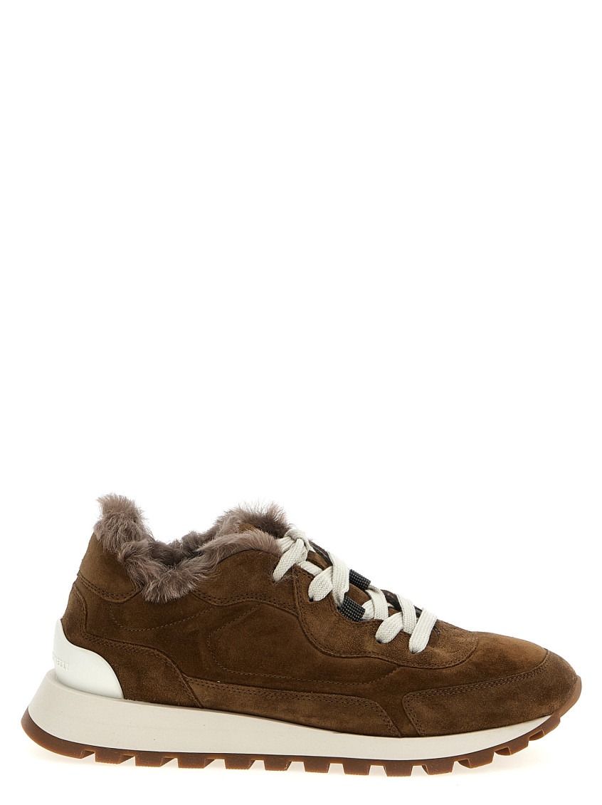Brunello Cucinelli Runner Monili Suede And Canvas Sneakers In Nude