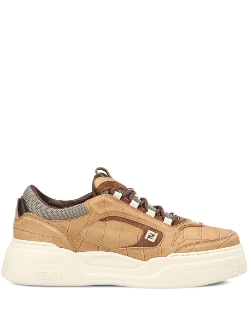 Fendi Crocodile-print Leather Force Sneakers Shoes In Neutral