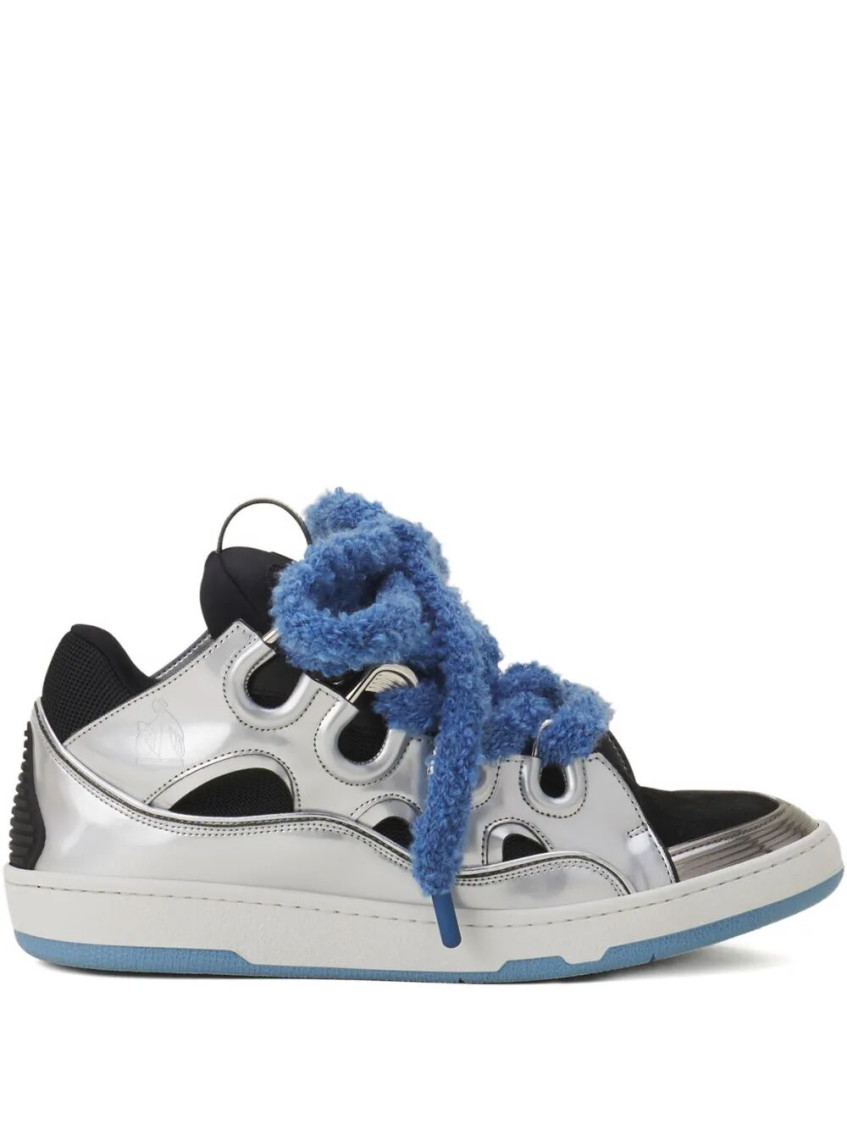 Lanvin Curb Metallic Leather Sneakers With Mesh Laces Shoes In Silver