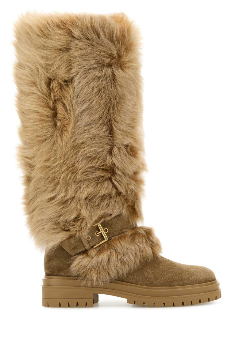 Gianvito Rossi Shearling-trimmed Suede Knee-high Boots In Beige