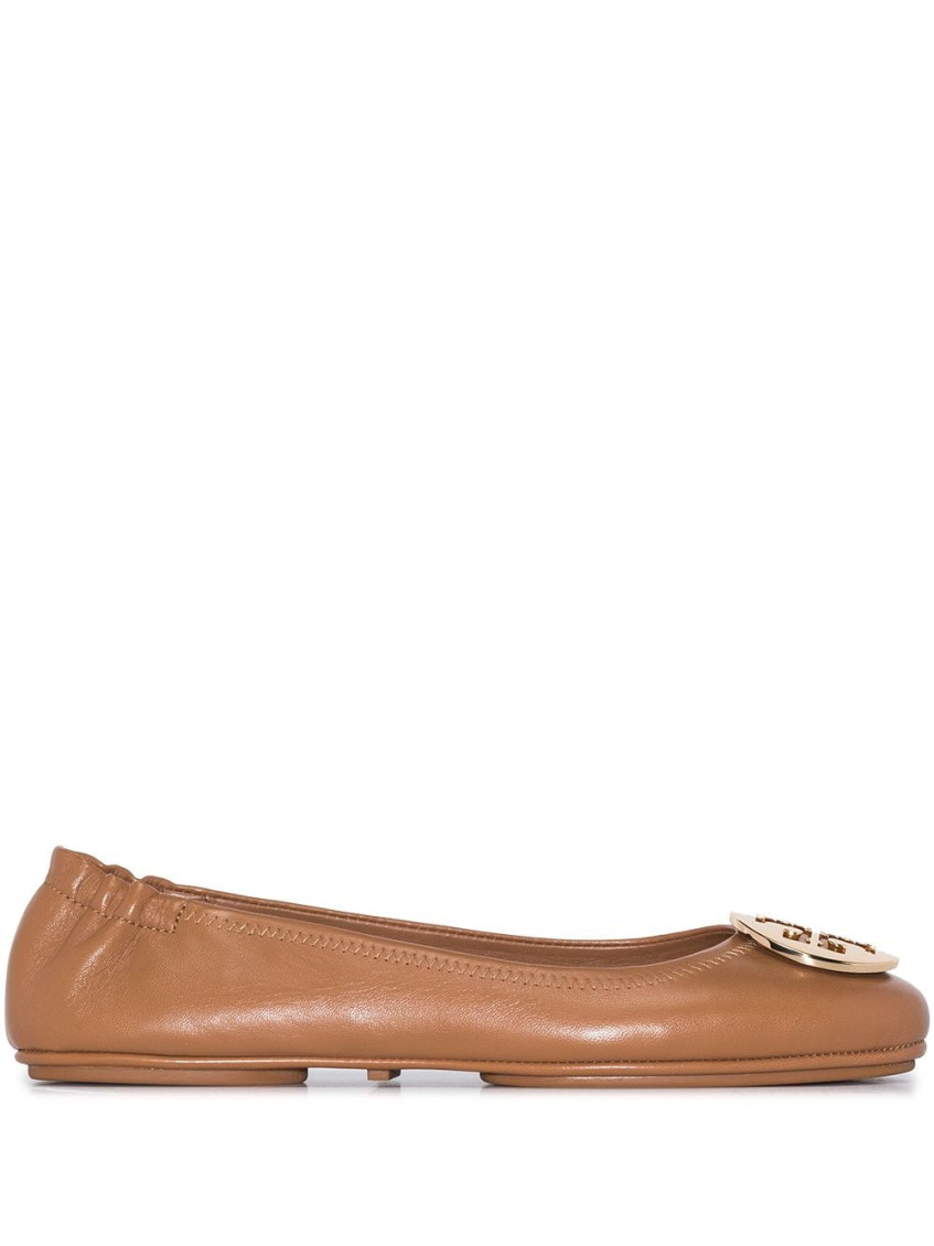 Tory Burch Minnie Travel Ballet With Metal Logo In Brown