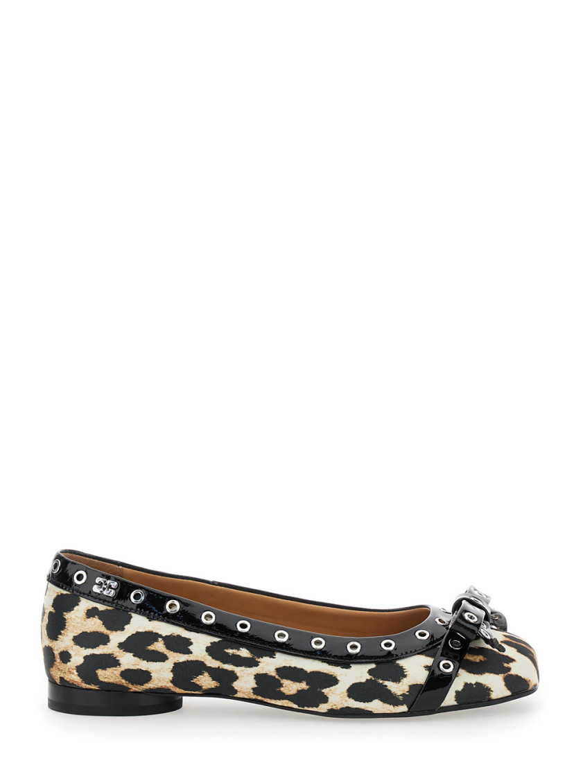 Ganni Eyelet Bow Leopard-print Satin Ballet Flats In Leopard Print