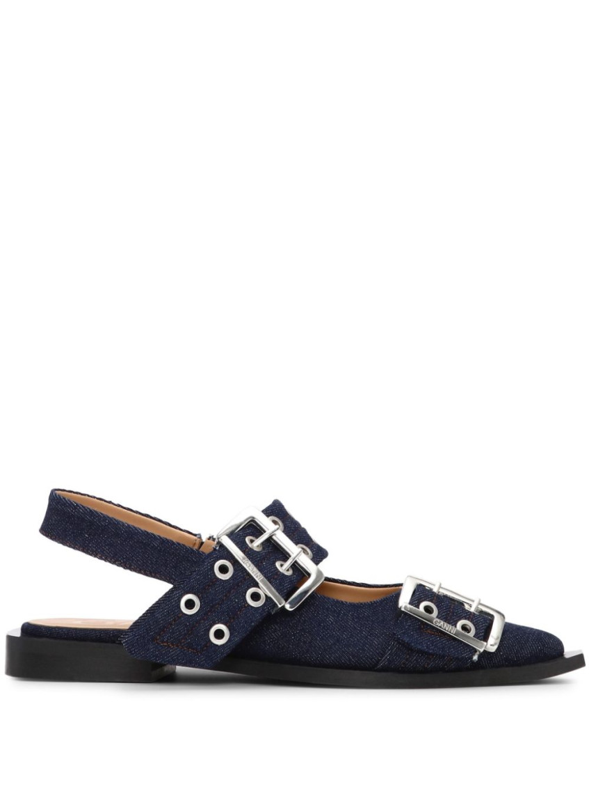 Ganni Buckled Eyelet-embellished Recycled Denim Ballet Flats In Navy Blue