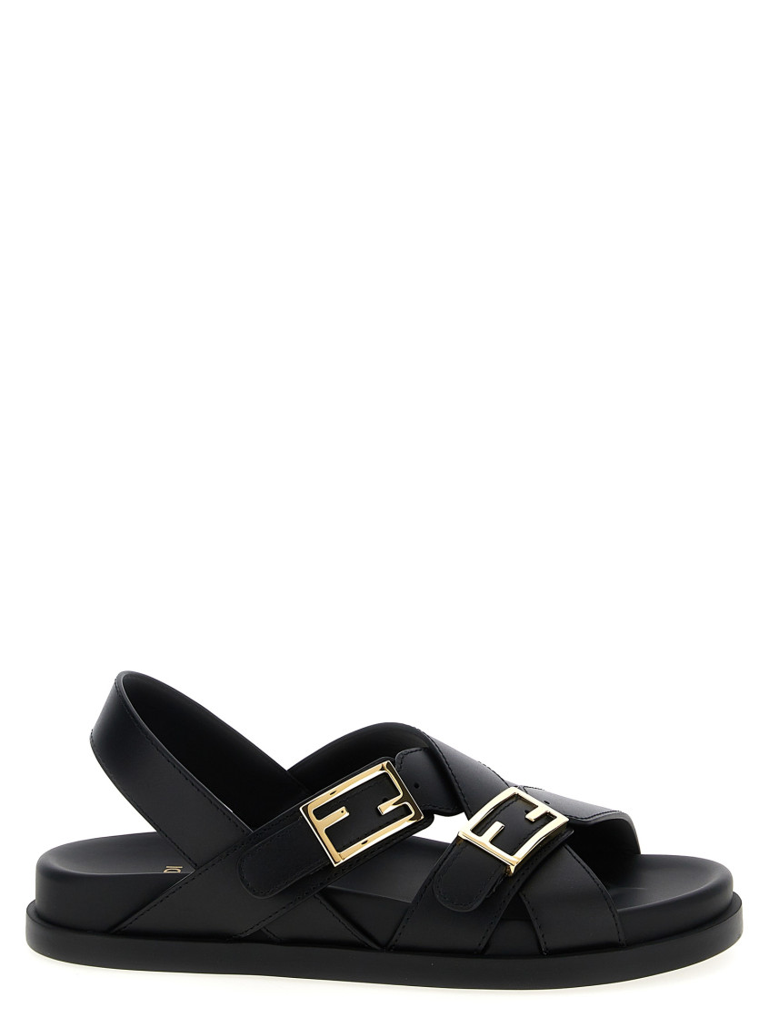 Fendi Women Black Singback Sandals With Ff Buckle Closure And Criss-crossed Straps In Leather Woman In Black