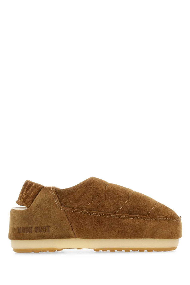 Moon Boot Suede Stitched Round Sole Slippers In Brown