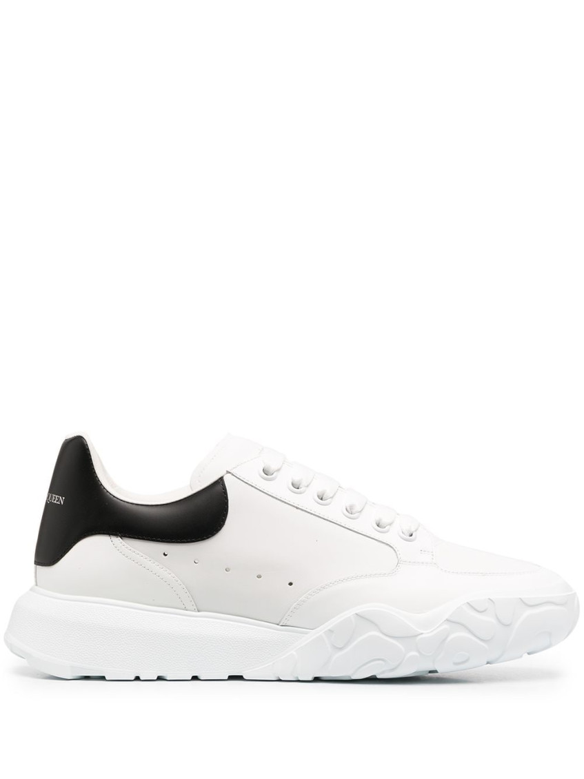 ALEXANDER MCQUEEN BLACK WHITE COURT LEATHER SNEAKERS