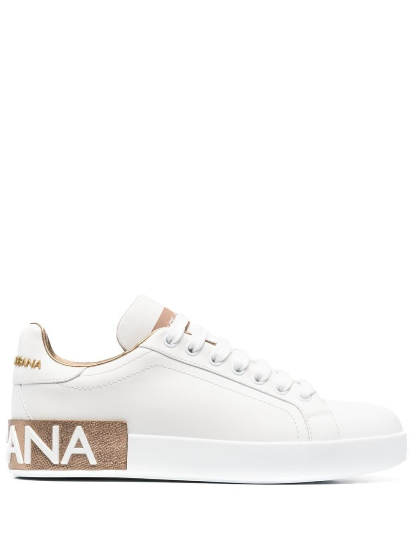 Dolce & Gabbana Portofino White And Gold Low Top Sneakers With Logo In Leather Woman In White