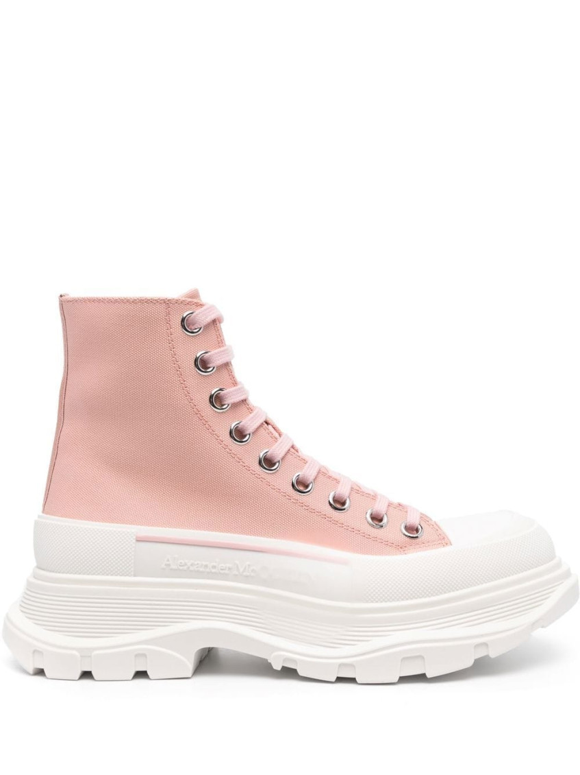 Alexander Mcqueen 45mm Tread Slick Leather Combat Boots In Pink