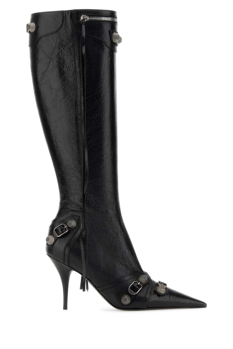Balenciaga Cagole White Pointed High-boots With Studs And Buckles In Leather Woman In Black