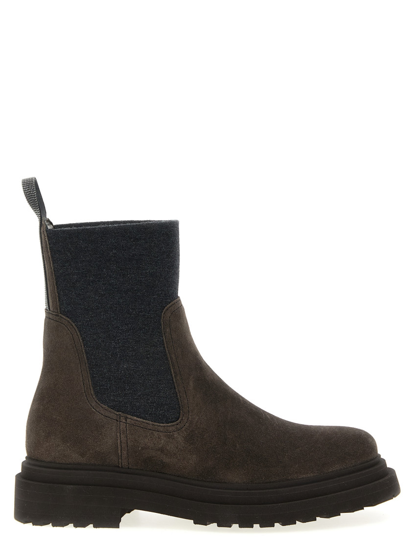 Brunello Cucinelli Brown Ankle Boots With Pull-tab With Monil At The Heel In Suede Woman