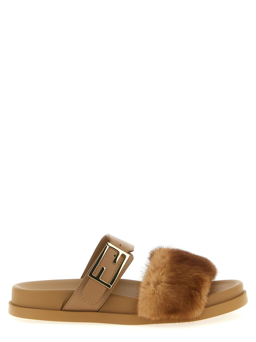 Fendi Light Brown Leather And Mink Slides