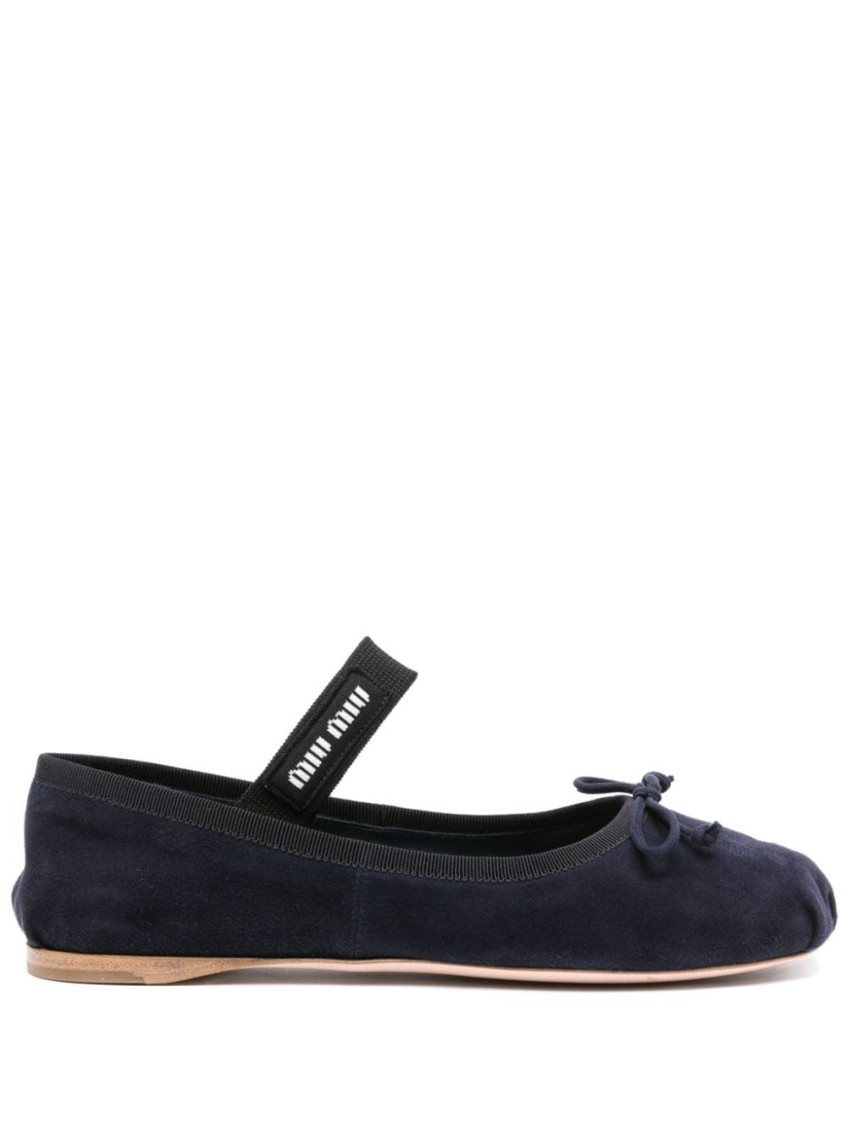 Miu Miu Suede Logo Ballet Flats In Navy Blue