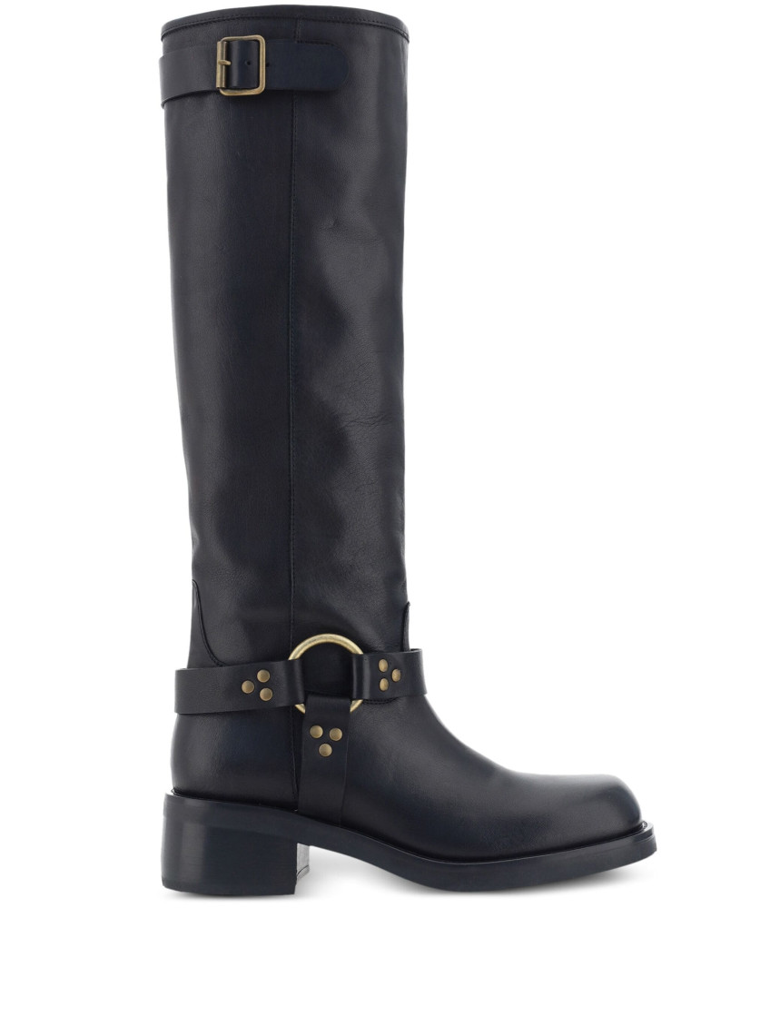 P.a.r.o.s.h Leather Stud Detail Calf-length Block Heel Boots In Black