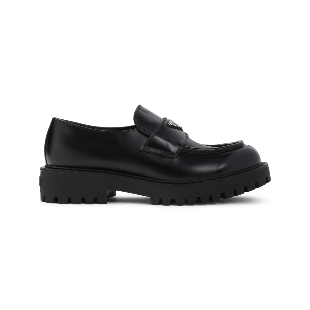 Prada Polished Black Leather Loafers With Chunky Rubber Sole In Black