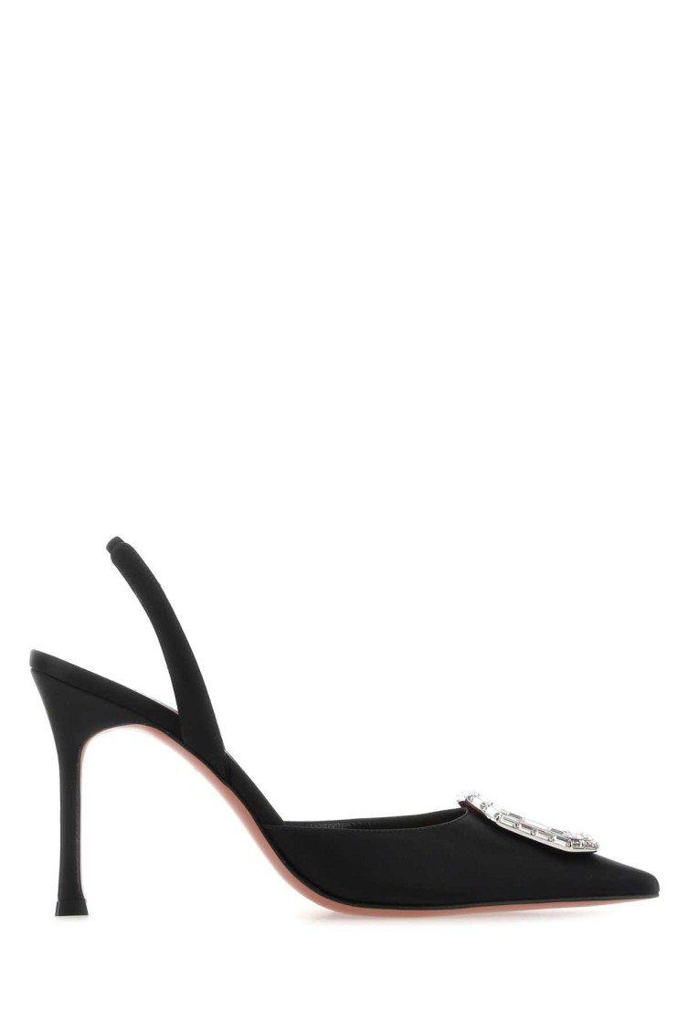 Shop Amina Muaddi Black Satin Camelia Pumps