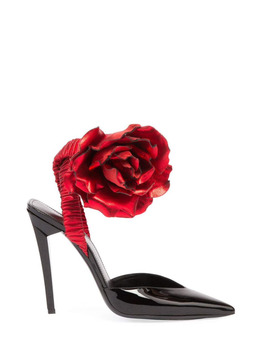 SAINT LAURENT BLACK POINTED FLOWER PUMPS 