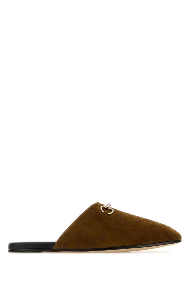 Gucci Men Brown Mule With Horsebit On The Front And All-over Gg Motif In Suede Man In Brown