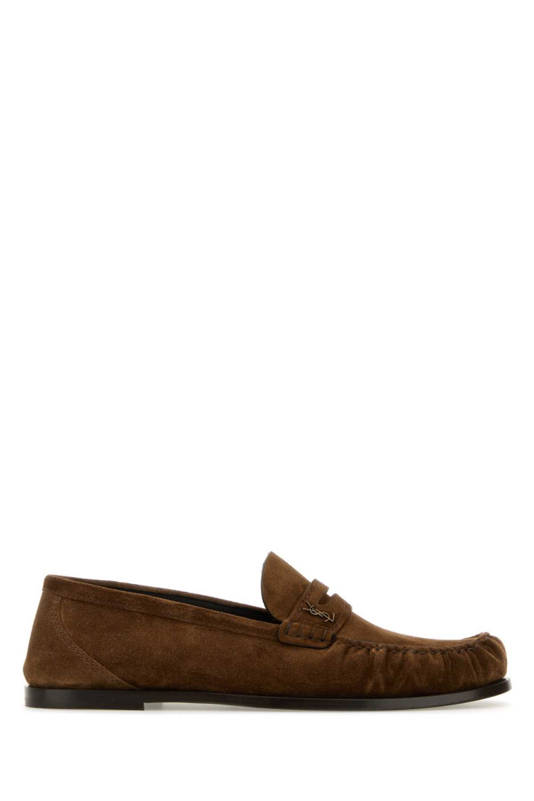 Saint Laurent Suede Penny Strap Loafers Round Toe In Brown