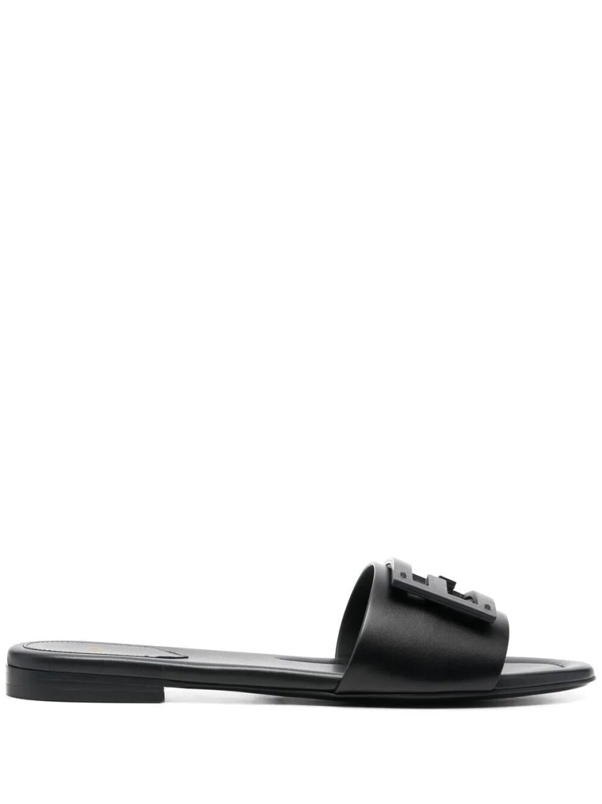Fendi Open Toe Leather Signature Slippers In Black