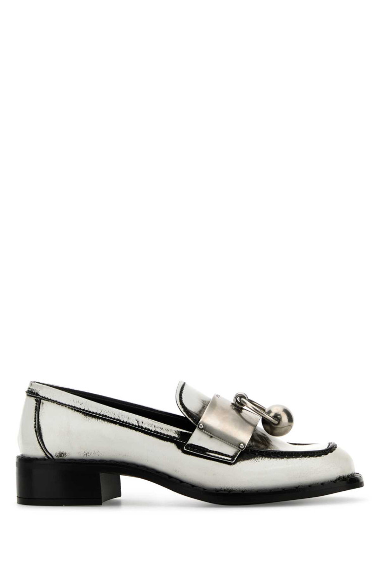 Prada Leather Loafers With Block Heel And Metallic Finish In Silver