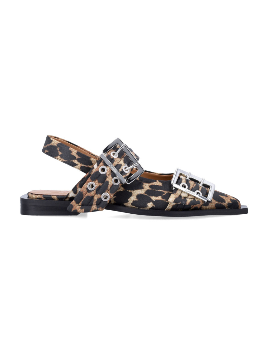 Ganni Multicolor Ballet Shoes With Double Buckle And All-over Leopard Print