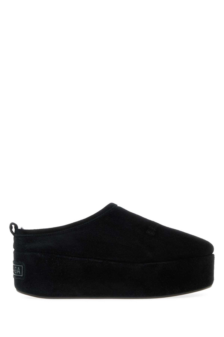 Balenciaga Suede Mules With Rounded Toe And Elevated Platform Sole In Black