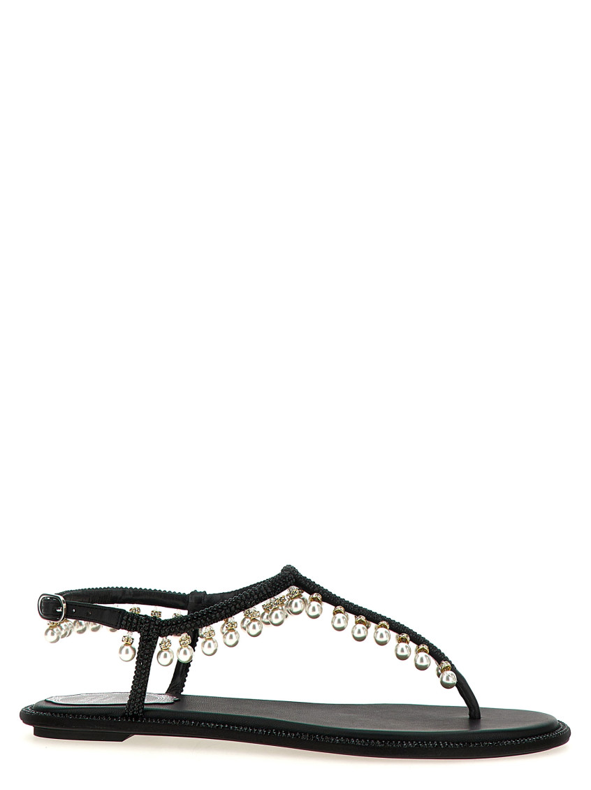 René Caovilla Flat Sandals Adorned Open Toe In Black