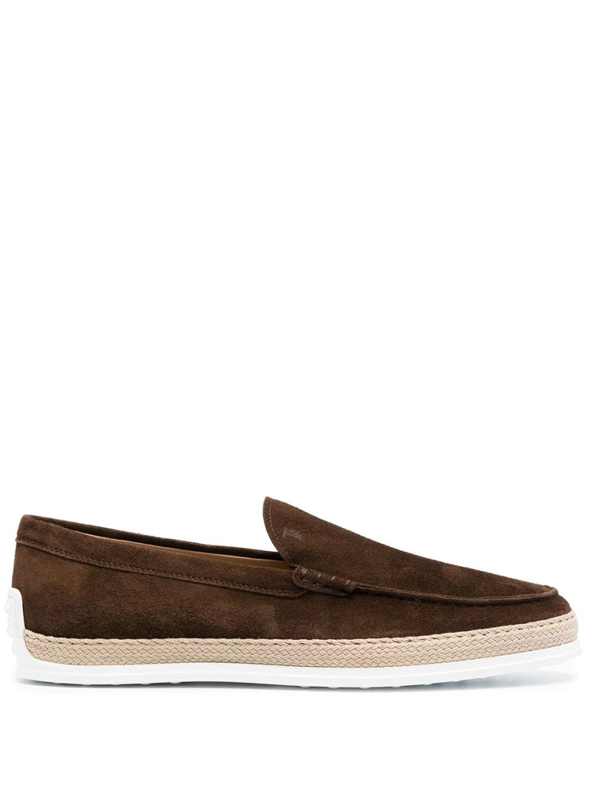 Tod's Suede Loafers With Round Toe And Braided Jute Sole In Dark Brown