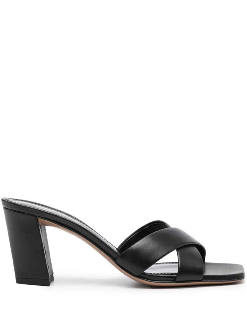 Paris Texas Leather Block Heel Cross Strap Mules In Black