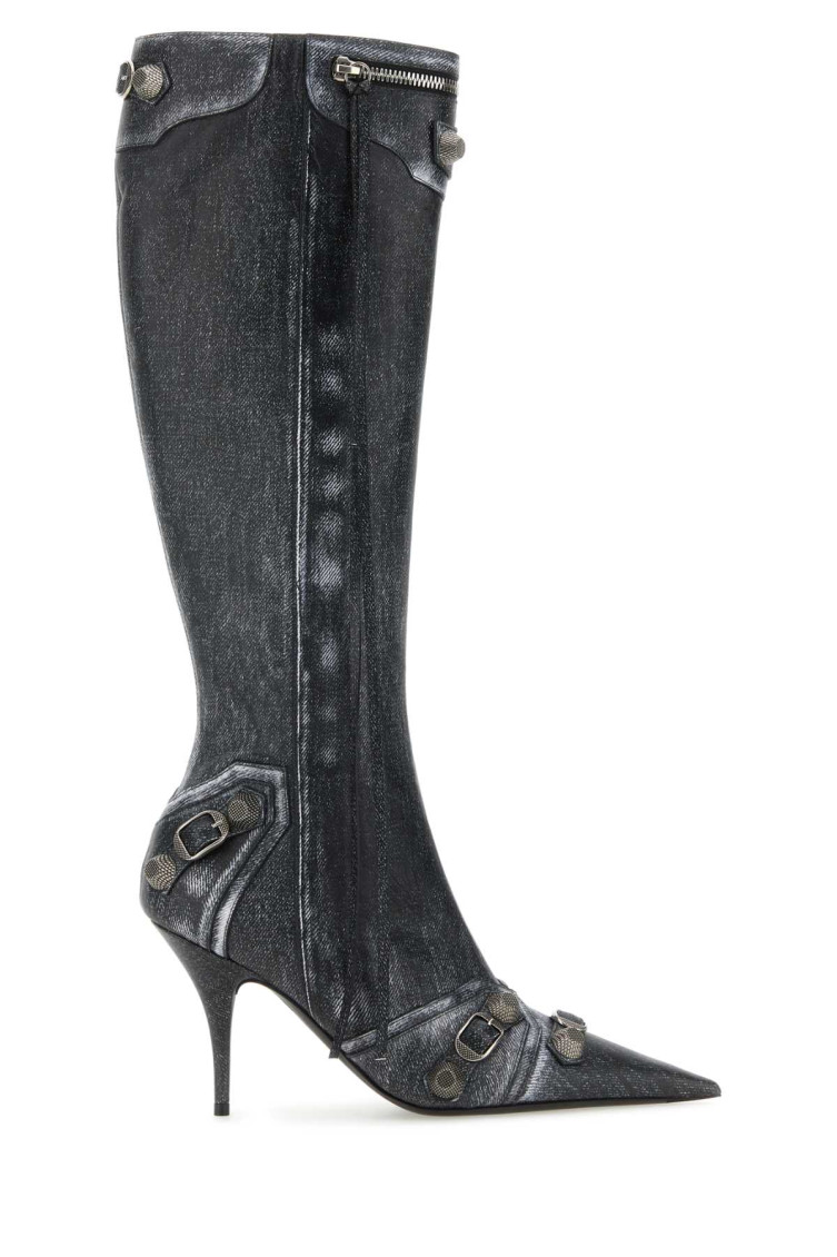 Balenciaga Cagole Printed Leather Knee Boots In Black