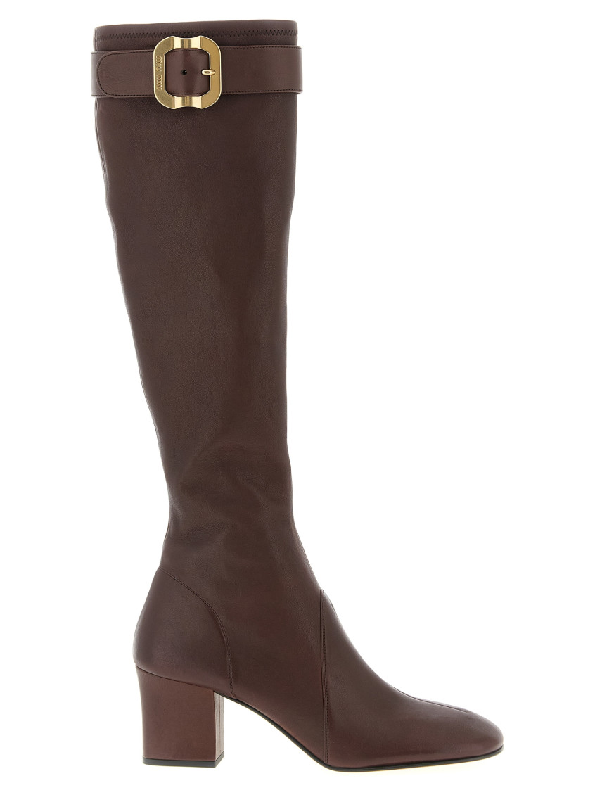 Miu Miu Ppa Leather Boots With Buckle In Brown