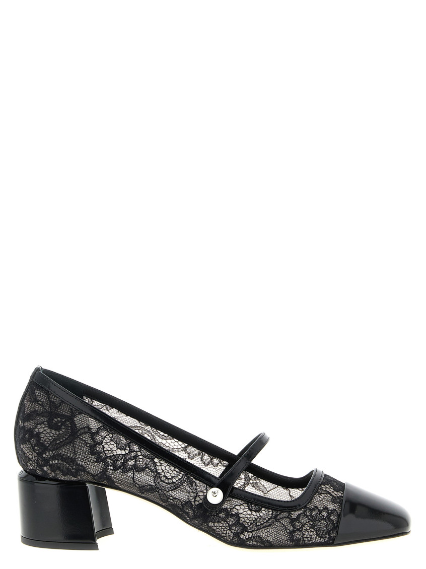 Jimmy Choo Elisa Pumps Block Heel Lace Overlay Pearls In Black