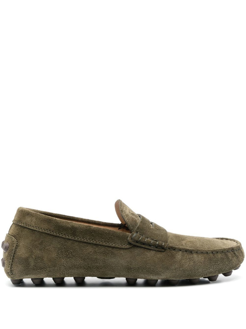 Tod's Kaki Suede Loafers With Almond Toe Design In Green
