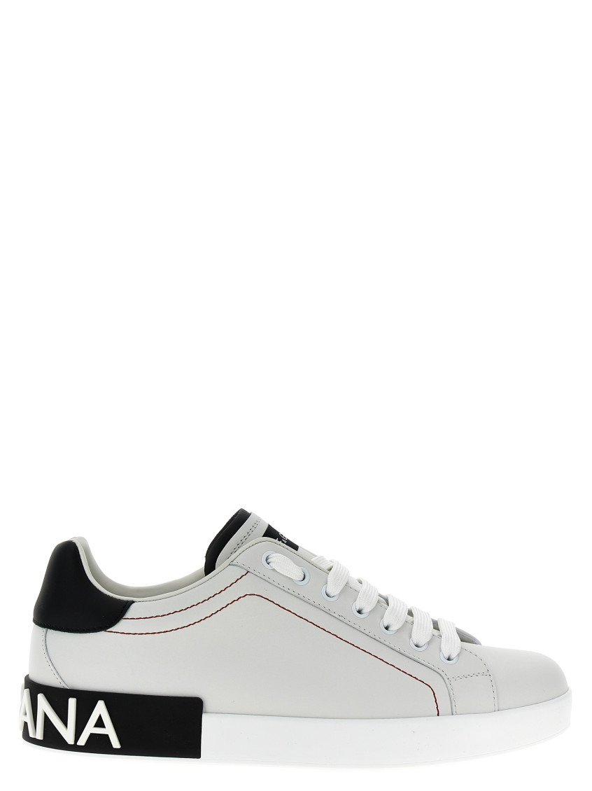 Dolce & Gabbana Portofino Leather Sneakers With Rubberized Logo Shoes In Blackwhite