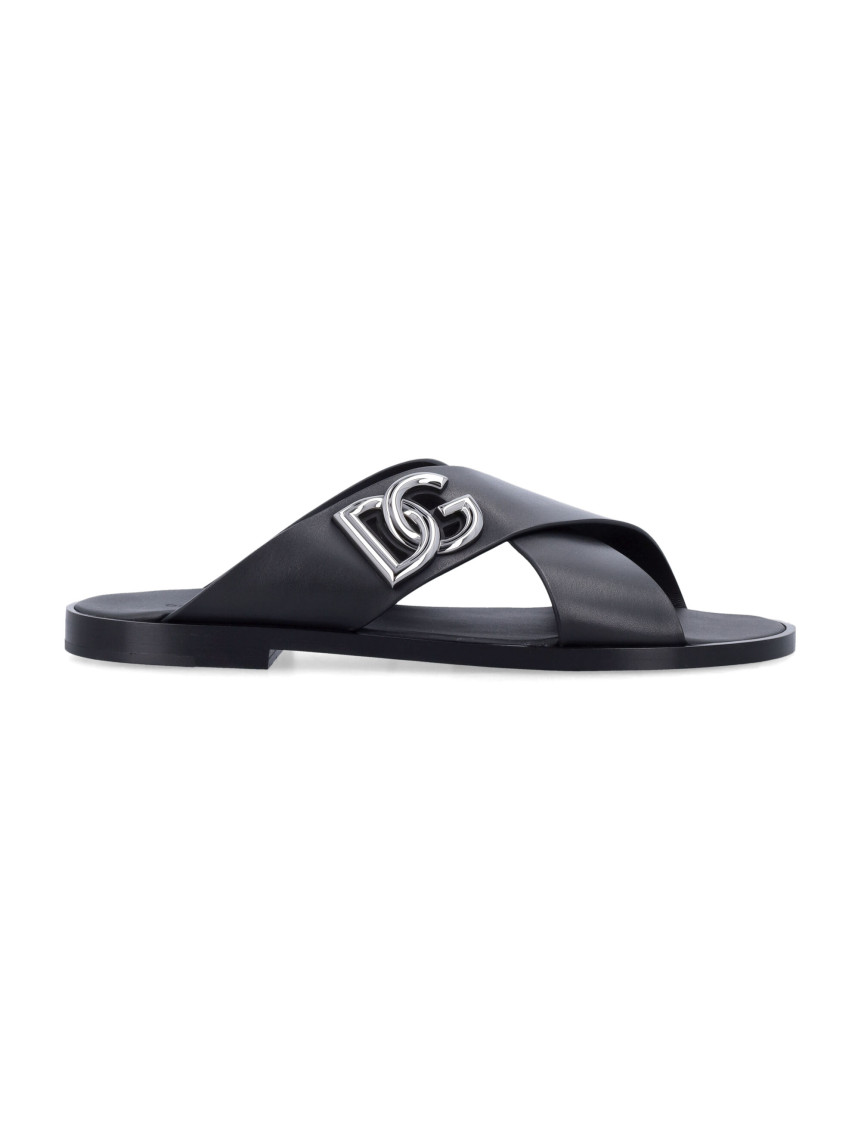 Shop Dolce & Gabbana Black Logo Leather Sandals