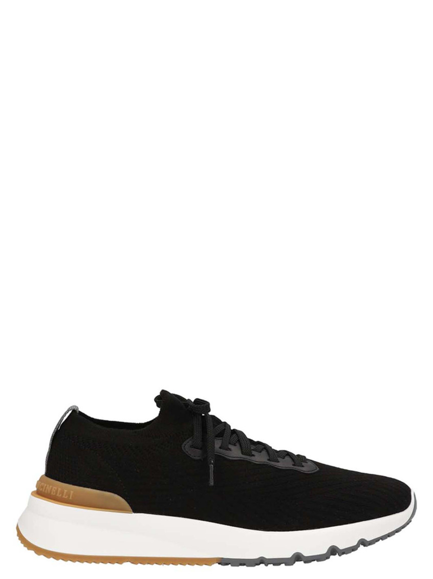 Brunello Cucinelli Cotton Knit And Semi-polished Calfskin Runner Sneakers In Black