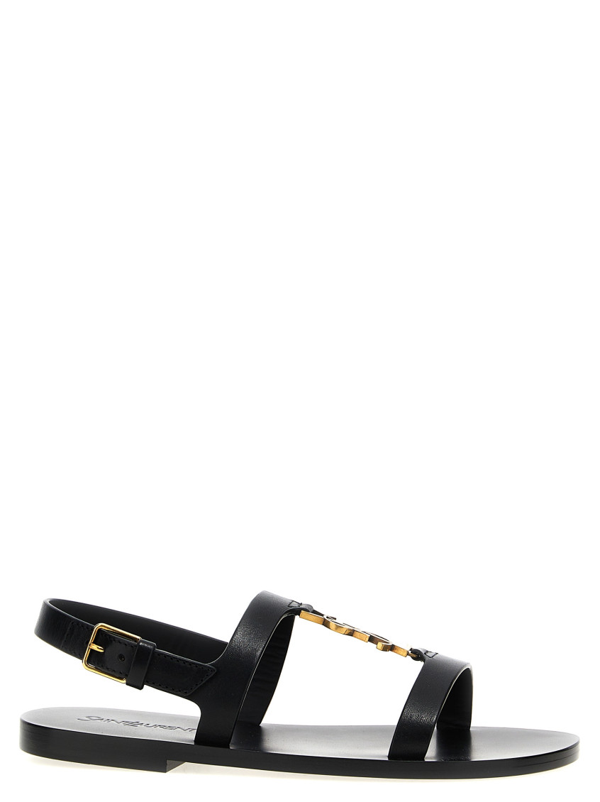 Saint Laurent Black Sandals With Metal Cassandre On The Front And Adjustable Strap In Leather Woman In Black