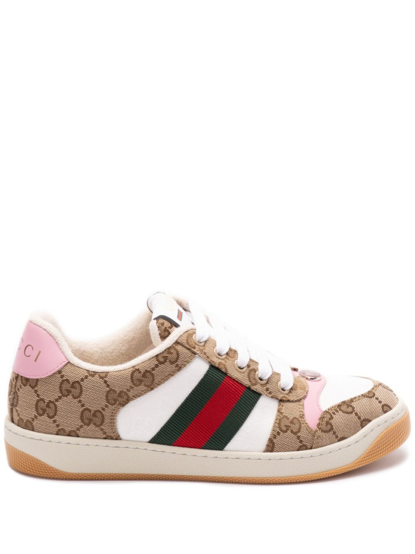 Gucci Screener Trainer In Gg Fabric And Pink Leather