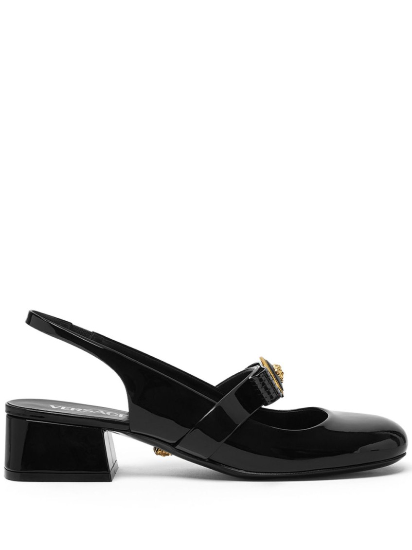 Versace Black Ballerina Shoes With Heel And Medusa Detail On The Front In Shiny Leather Woman