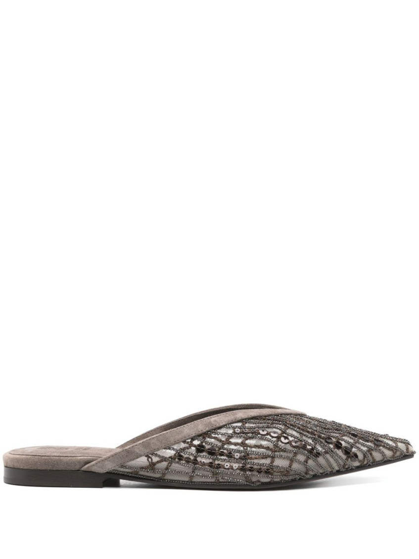 Brunello Cucinelli Glistening Abstract Embroidery Suede Sabots Women