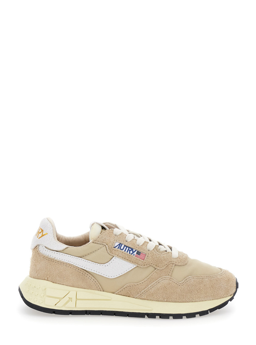 Autry Reelwind Low Nylon And Leather Craquele Pepper And White Sneakers In Beige
