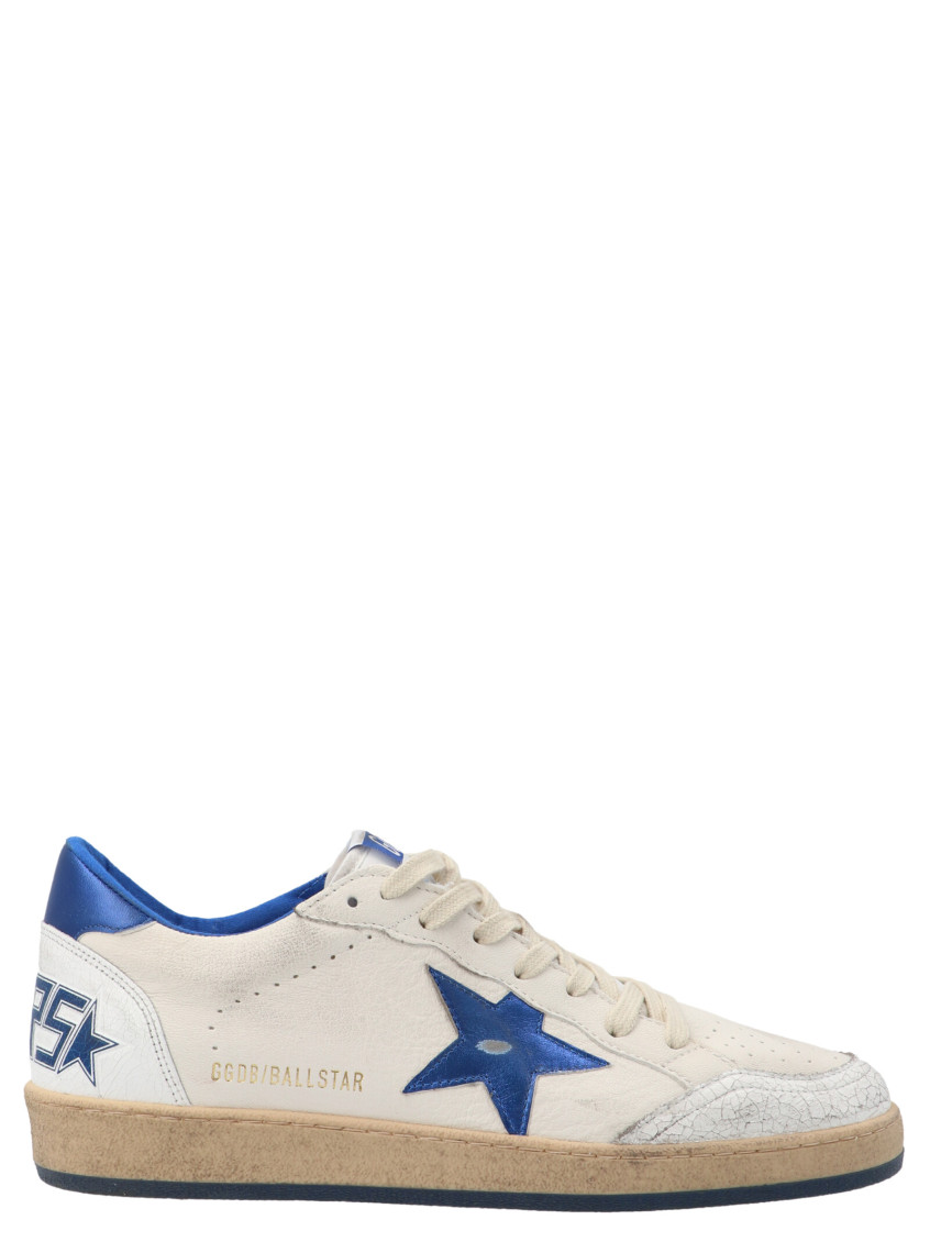 Golden Goose Ball Star Sneakers In White Nappa Leather With Light Blue Laminated Leather Star And Heel Tab In Blue