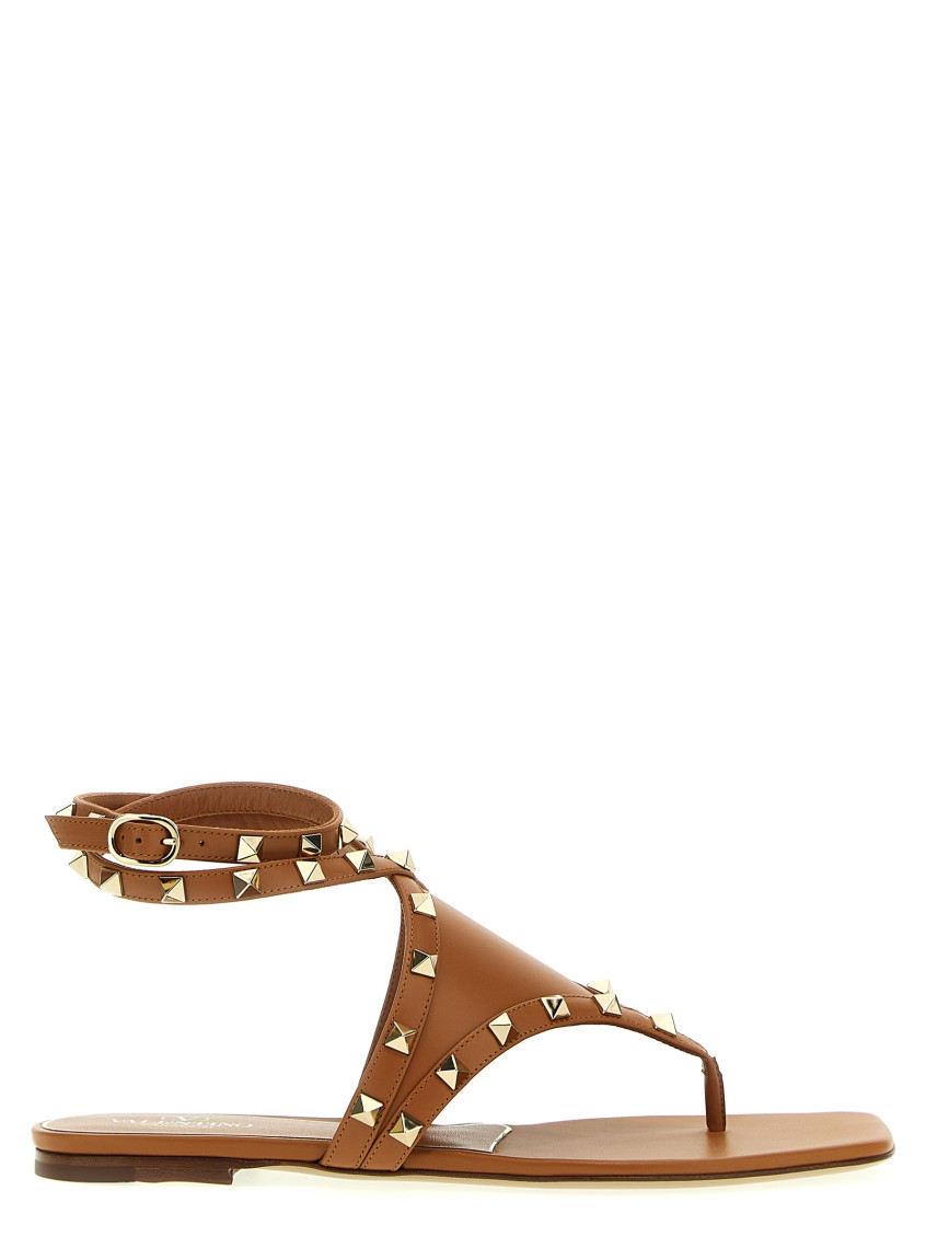 Shop Valentino Brown Rockstud Sandals In Beige