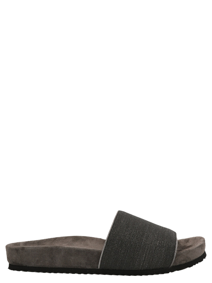 Brunello Cucinelli Textured Strap Slip-on Sandals With Cushioned Footbed In Black