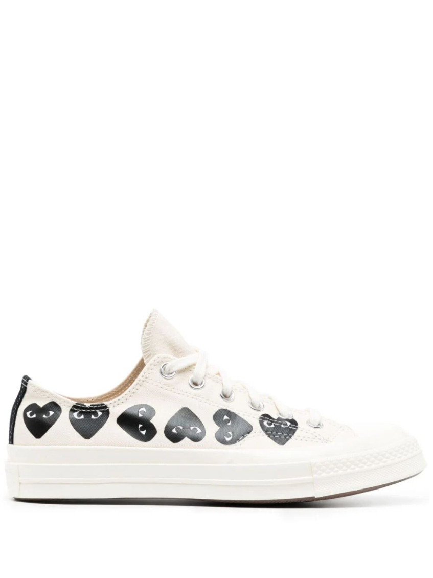 Comme Des Garçons Ecru Canvas Sneaker With Signature Heart Print In White