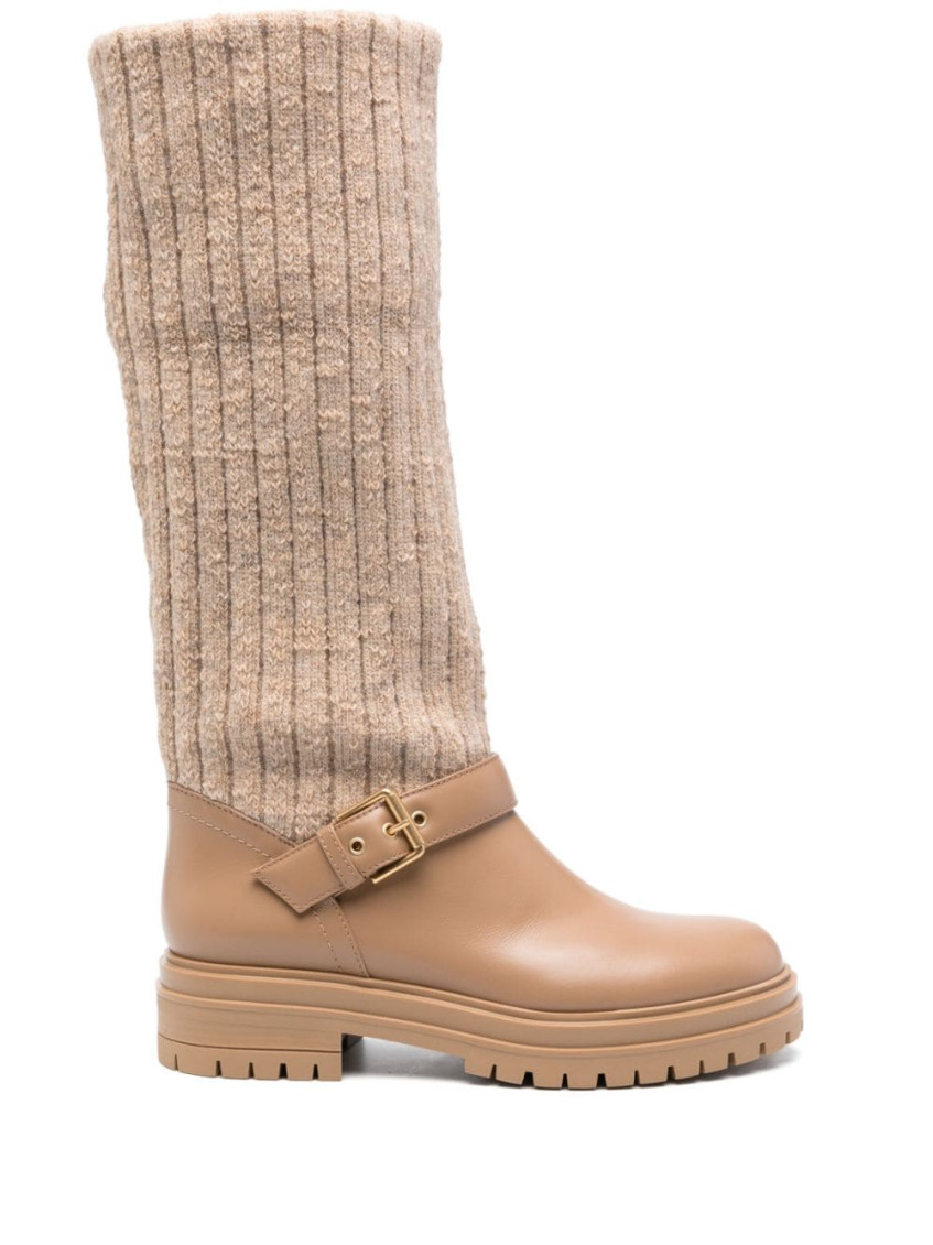 Gianvito Rossi Desert Beige Calf Leather Panelled Design Slip-on Boots