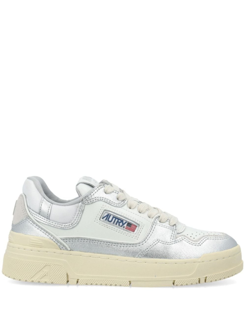 Autry Silver And White Low Top Sneakers With Logo Patch In Metallic Leather Woman